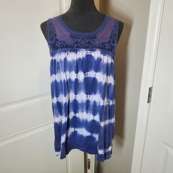 Greater Good Women's Navy Blue and White Tie-Dye Crochet Tank Top Size Large - Picture 3 of 16